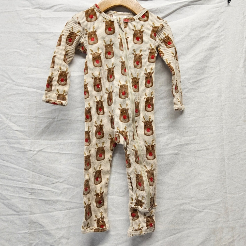 SpearmintLOVE Reindeer Sleeper Baby 6-12M Cream Waffle Knit Organic‎ Cotton Zip